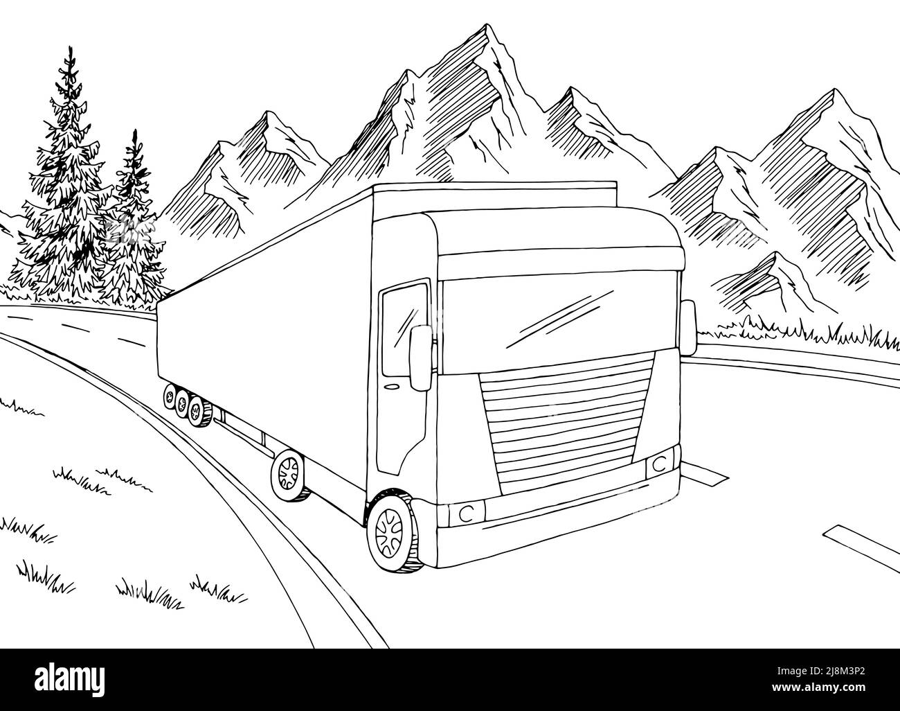 Veicolo che guida su strada, disegno bianco e nero, vettore di illustrazione del paesaggio Illustrazione Vettoriale