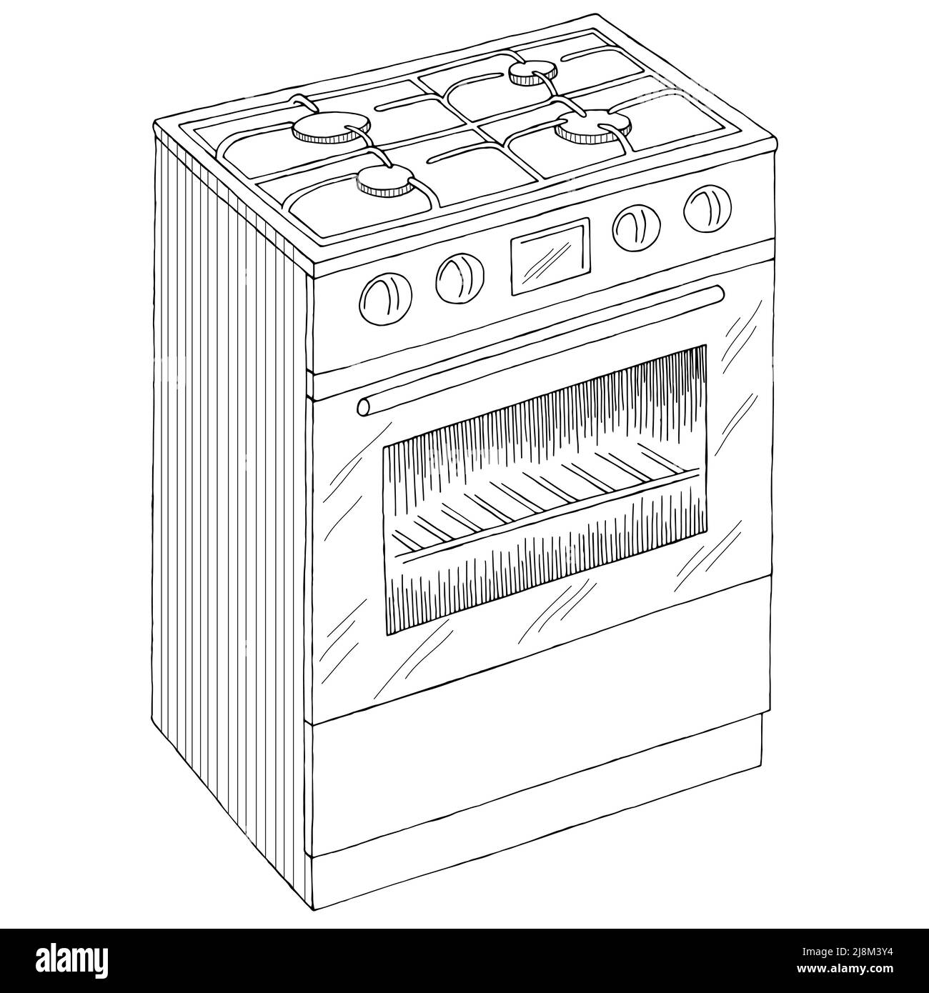 Stufa a gas forno grafico bianco nero schizzo isolato vettore illustrazione Illustrazione Vettoriale