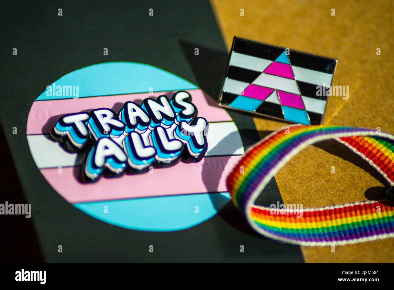 Primo piano del logo "trans ally" e della bandiera trans ally con un nastro arcobaleno Foto Stock