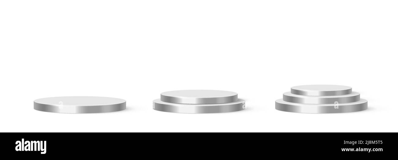 3d podio circolare per illustrazione vettoriale della presentazione del prodotto. Piattaforme realistiche in argento con uno, due e tre gradini, mockup a piedistallo a cilindro Illustrazione Vettoriale