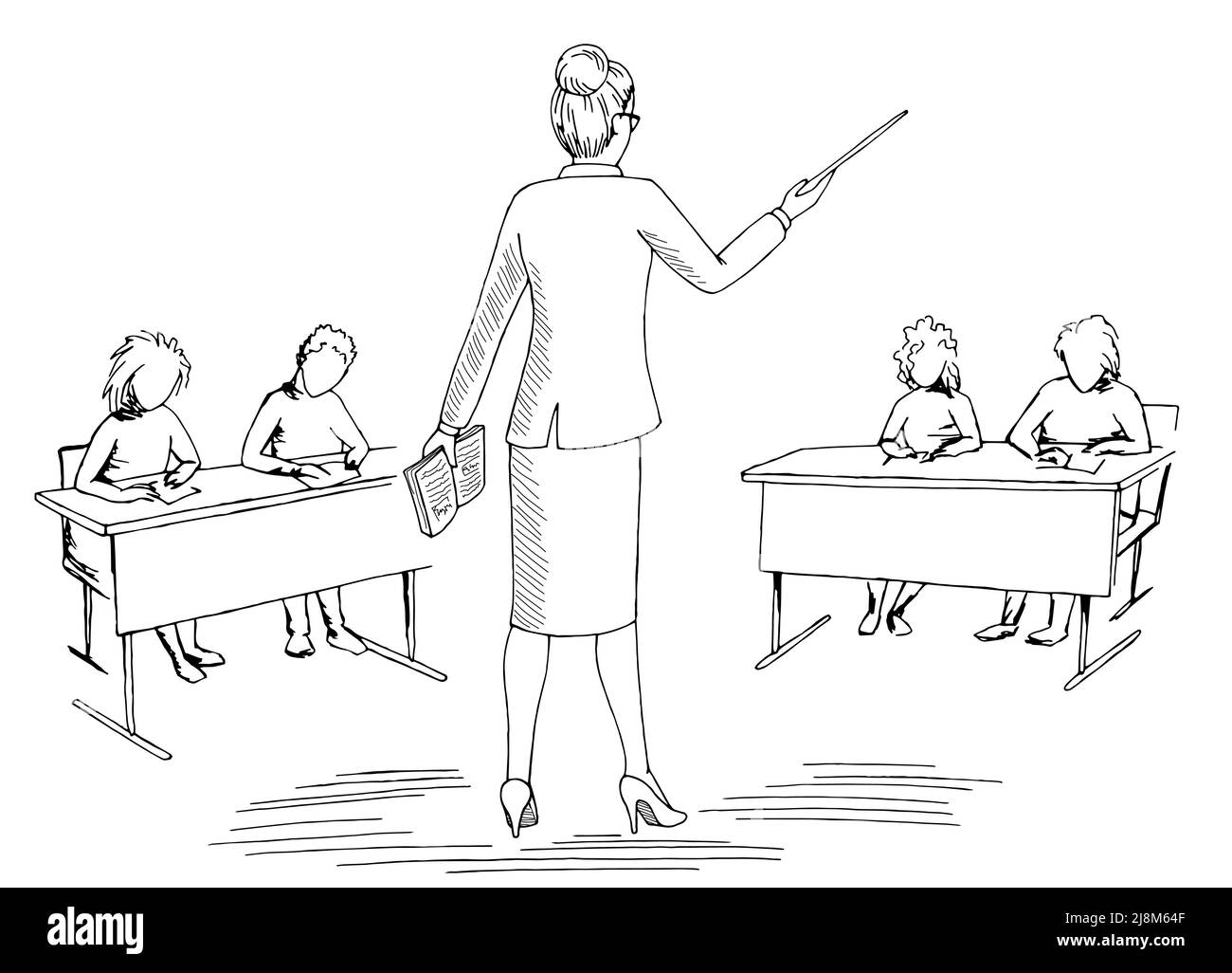 Strict teacher classroom interior black white sketch illustration vettoriale Illustrazione Vettoriale
