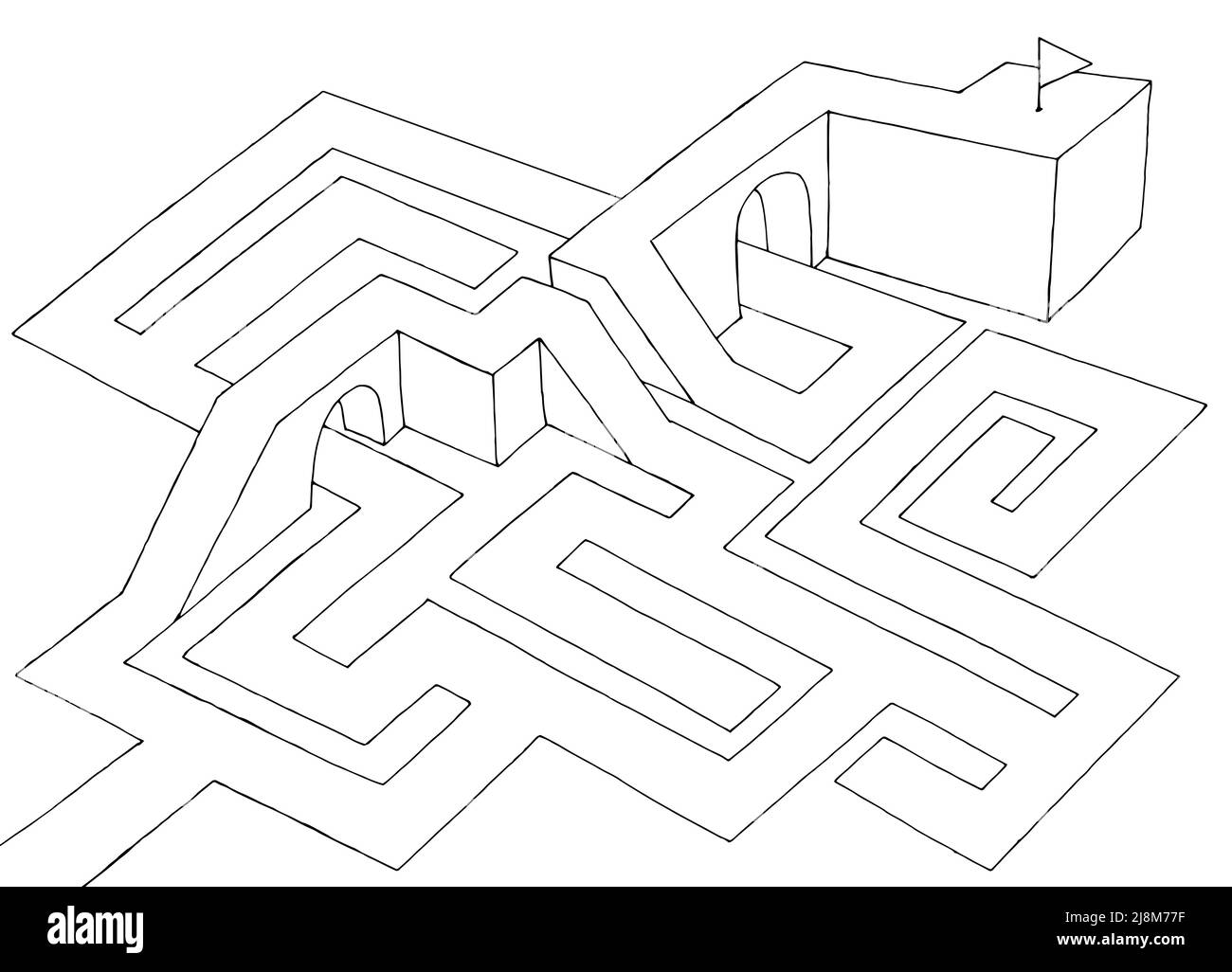 Maze grafica bianco nero schizzo superiore vista aerea vettore illustrazione Illustrazione Vettoriale