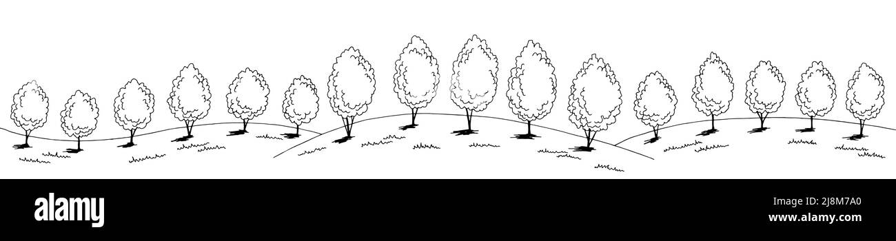 Frutteto giardino grafico bianco nero lungo paesaggio disegno vettore illustrazione Illustrazione Vettoriale