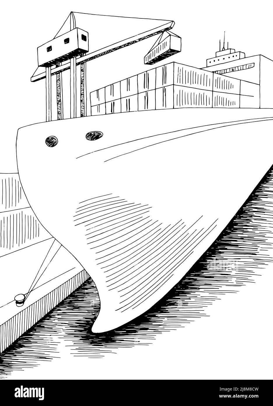 Porto carico asciutto nave grafico nero bianco mare verticale paesaggio disegno vettore Illustrazione Vettoriale