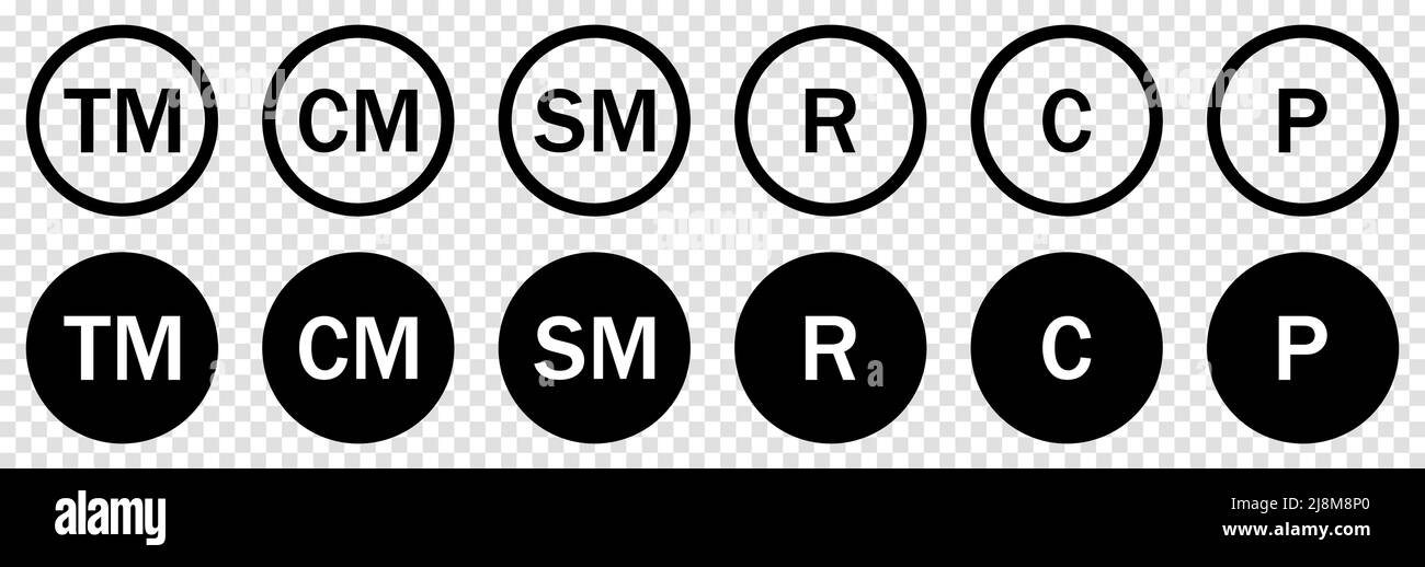 Icone relative al copyright e al marchio registrato. Illustrazione vettoriale isolata su sfondo trasparente Illustrazione Vettoriale