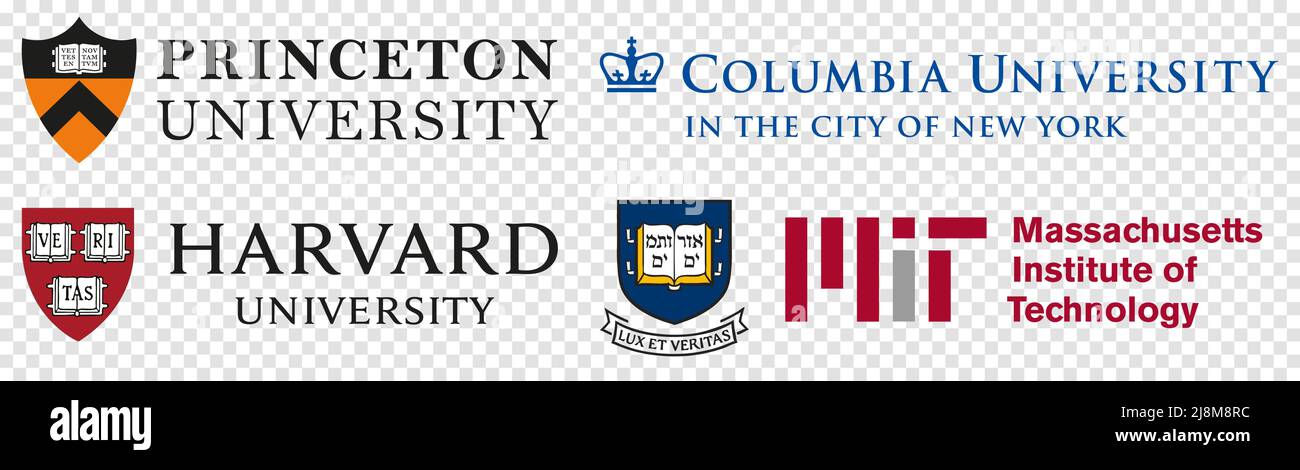 Vinnytsia, Ucraina - 16 maggio 2022: Famosi loghi delle università americane. Princeton University, Columbia University, Harvard University, Massachusetts in Illustrazione Vettoriale