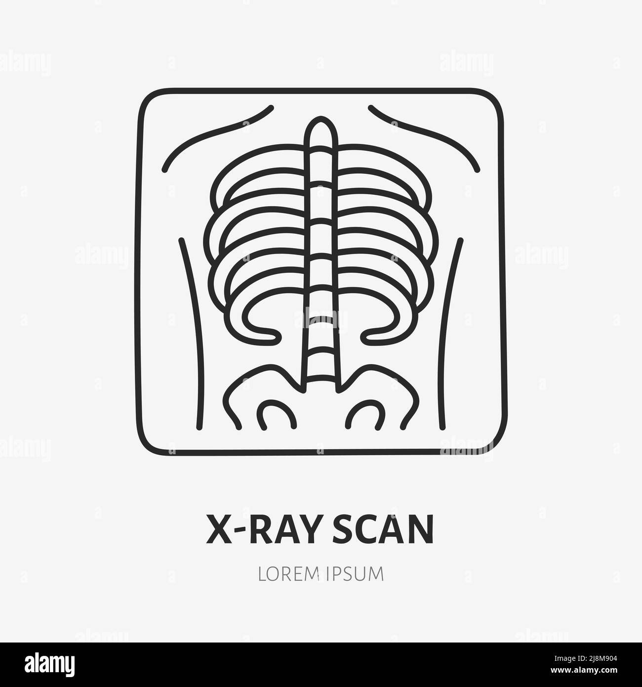 Icona della linea di scansione a raggi X. Illustrazione del profilo sottile vettoriale della tc toracica. Segno lineare di colore nero per diagnostica radiologica Illustrazione Vettoriale