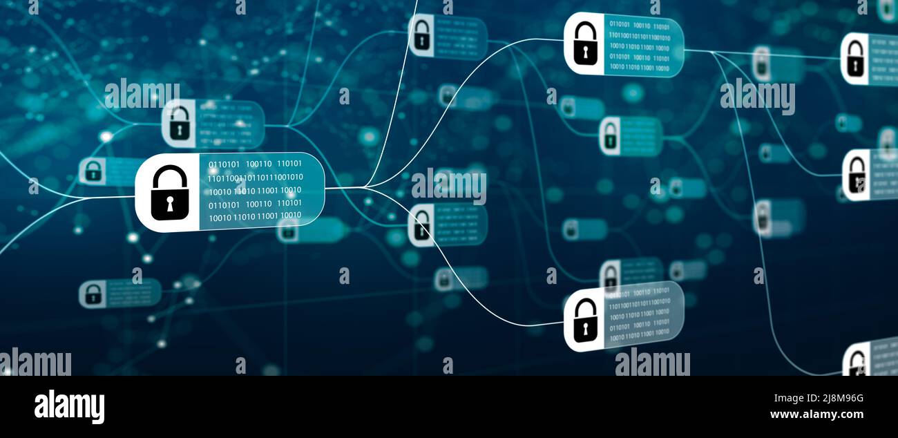 Tecnologia Blockchain con diagramma di catena e blocchi crittografati su sfondo astratto. Tecnologia Ledger distribuita ed effetto di livello digitale. Foto Stock