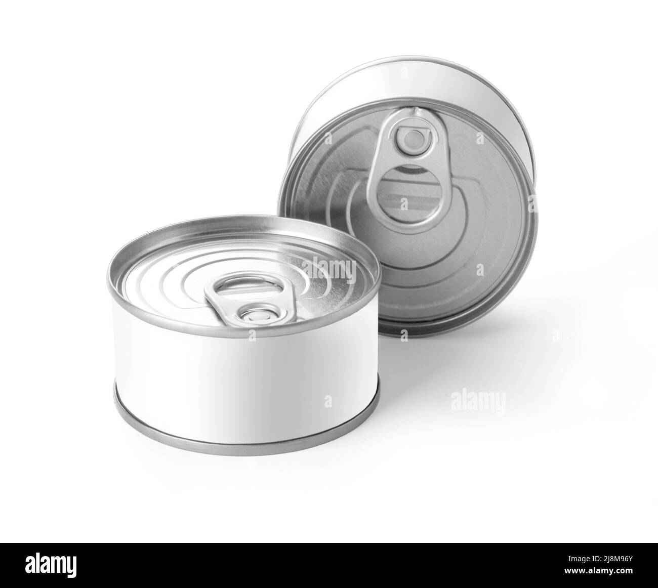 lattine di metallo d'argento isolate su sfondo bianco mock up con percorso di taglio Foto Stock