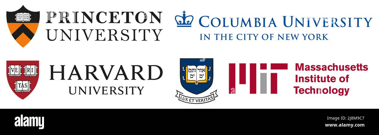 Vinnytsia, Ucraina - 16 maggio 2022: I 5 loghi famosi delle università americane. Princeton University, Columbia University, Harvard University, Massac Illustrazione Vettoriale