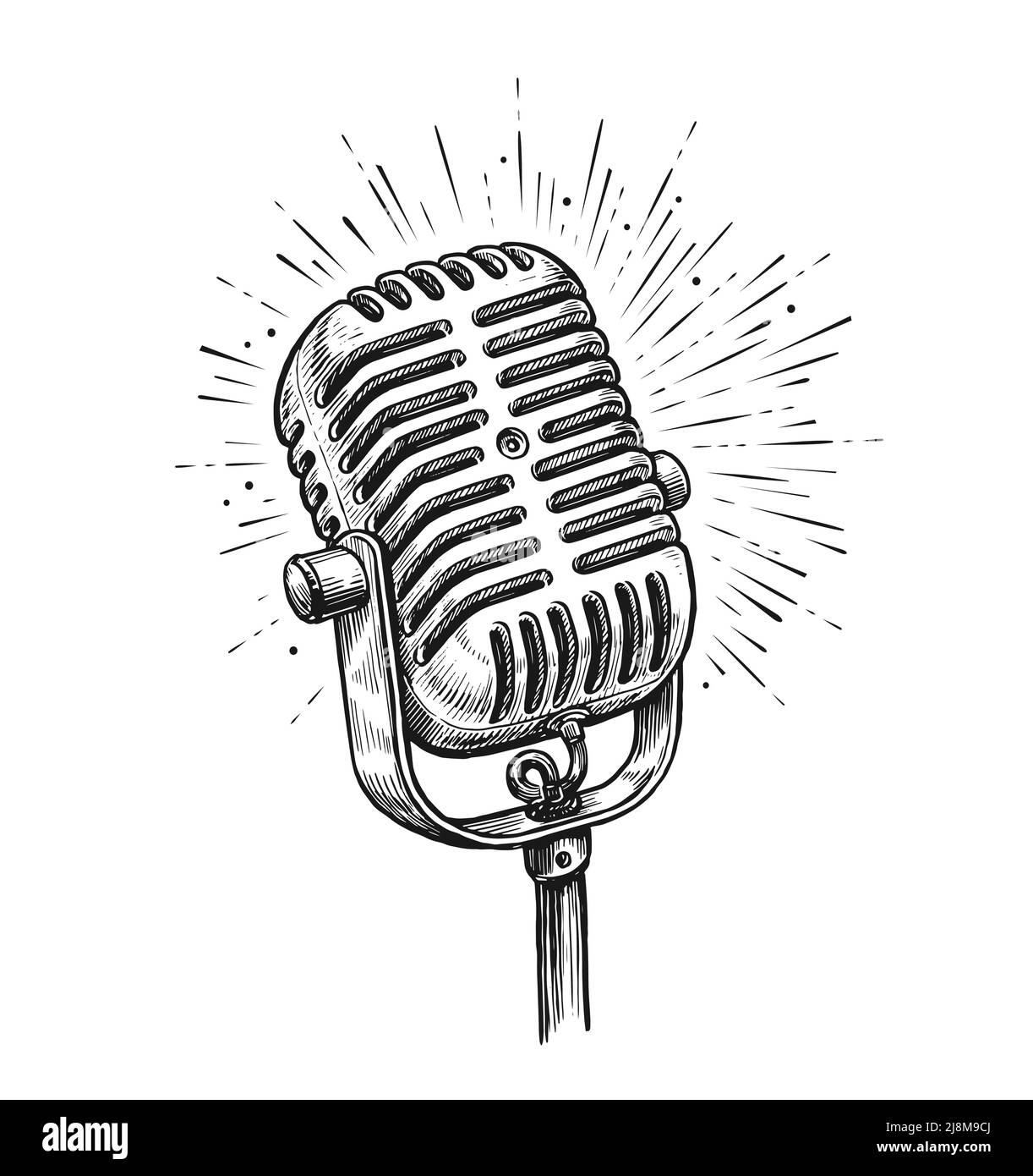 Vecchio microfono retro isolato su sfondo bianco. Illustrazione vettoriale vintage disegnata a mano Illustrazione Vettoriale