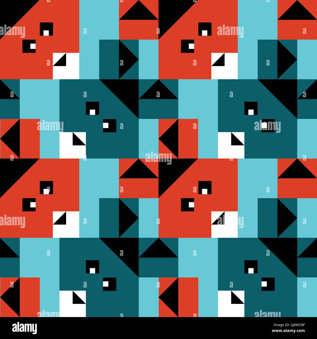 Pattern vettoriale senza giunture con conigli quadrati su sfondo blu. Carta da parati geometrica semplice e luminosa per i bambini. Illustrazione Vettoriale