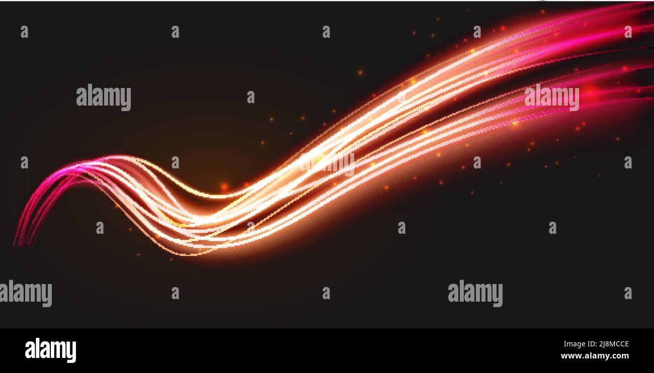 Forma d'onda luminosa al neon, illustrazione vettoriale astratta dell'effetto luce. Linee curve fluide e luminose ondulate, movimento magico del flusso di energia a bagliore con particelle isolate su sfondo nero scuro Illustrazione Vettoriale