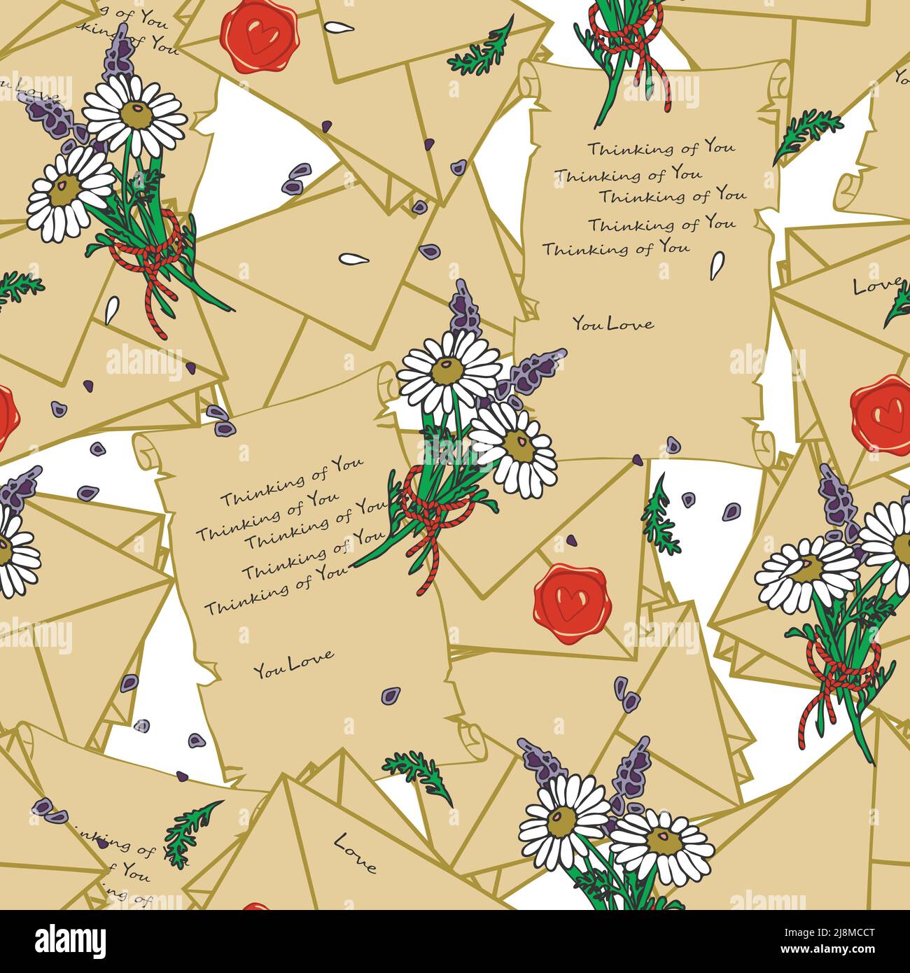 Motivo vettoriale senza cuciture con lettere d'amore vintage su sfondo bianco. Romantico design decorativo della carta da parati. Tessile di moda di San Valentino. Illustrazione Vettoriale