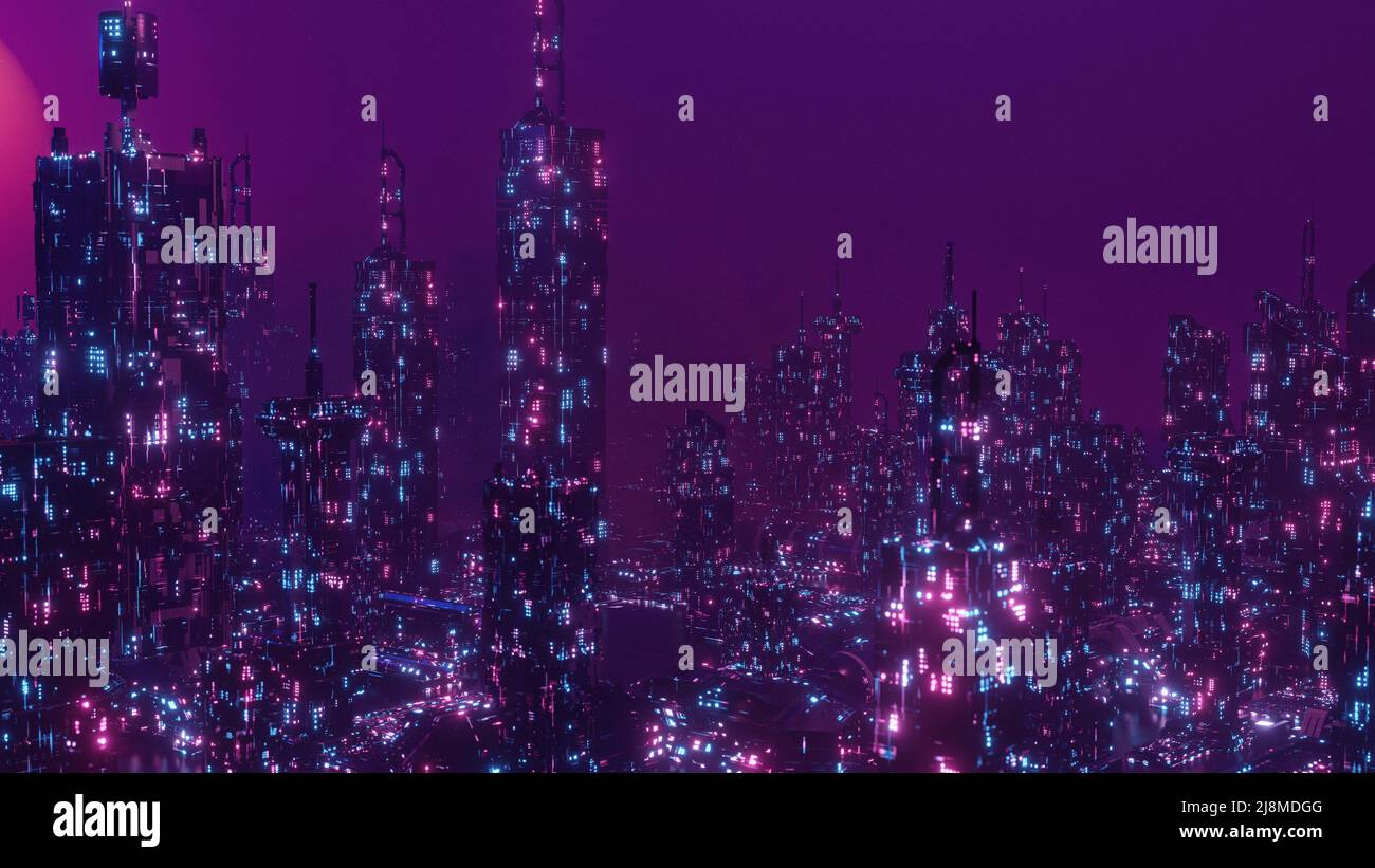 Illustrazione della città alla notte Panorama Notte City Banner sfondo 3D Render Foto Stock