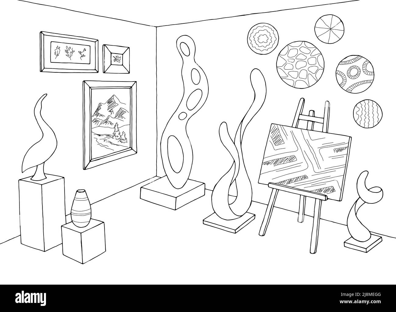 Art store galleria grafica bianco nero interno disegno vettore Illustrazione Vettoriale