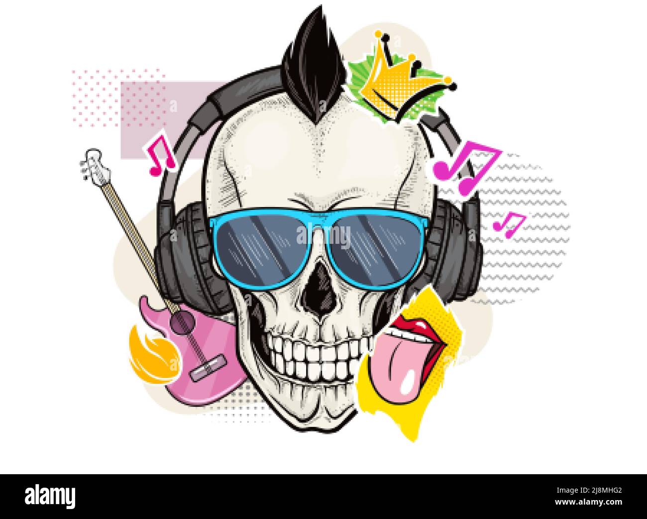 Cranio gotico umano con occhiali da sole, cuffie e adesivi con simbolo di musica rock. Testa a scheletro vettoriale pop art con elementi di chitarra, lingua e collage a corona su sfondo bianco. Illustrazione Vettoriale