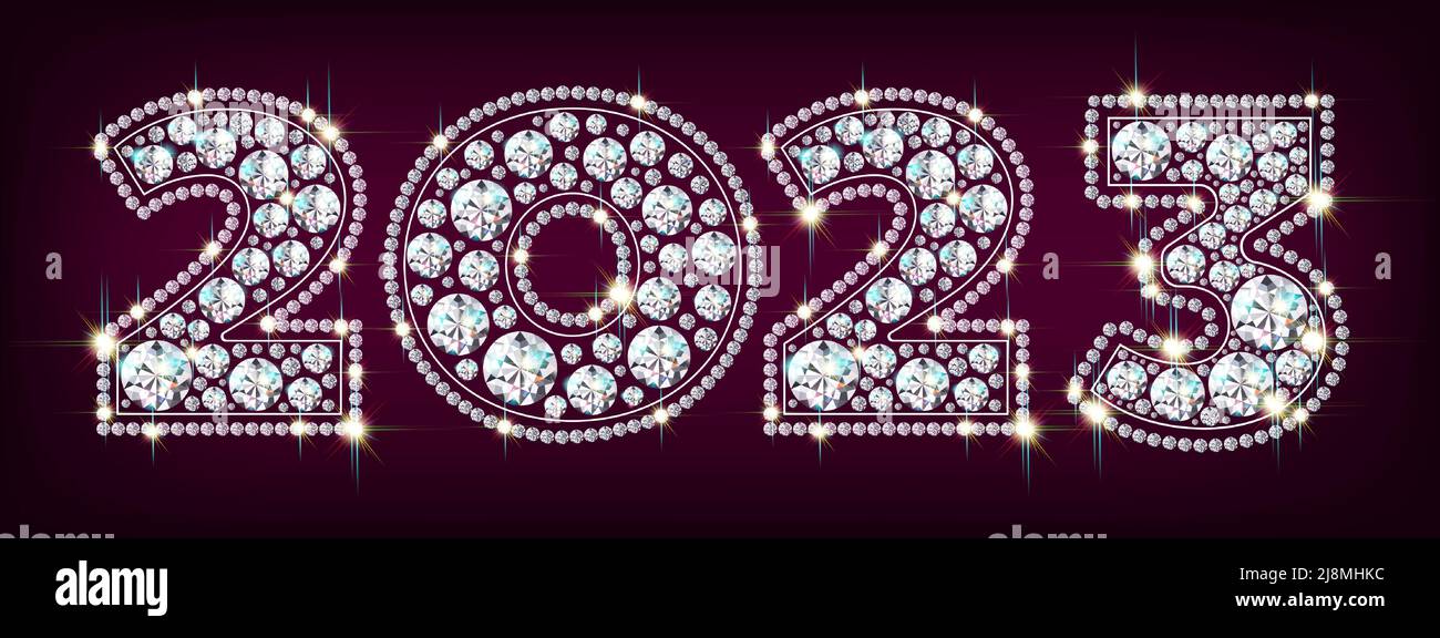 Capodanno 2023 lussuosi numeri di pietre diamantate scintillanti su sfondo di confetti color argento cadenti. Sfondo rosso, illustrazione vettore Illustrazione Vettoriale