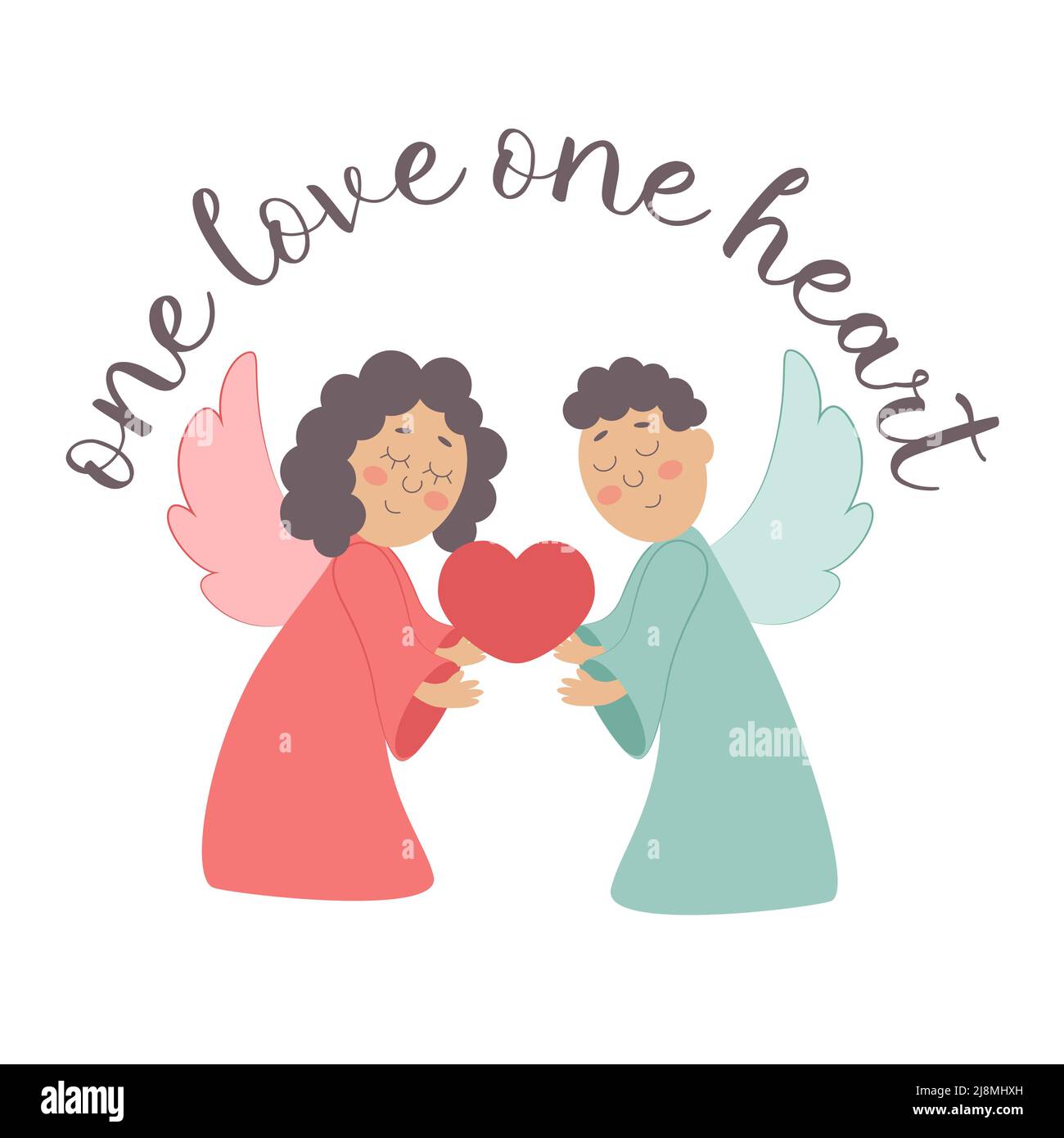 Biglietto d'auguri con angeli e lettere uno amore un cuore Illustrazione Vettoriale