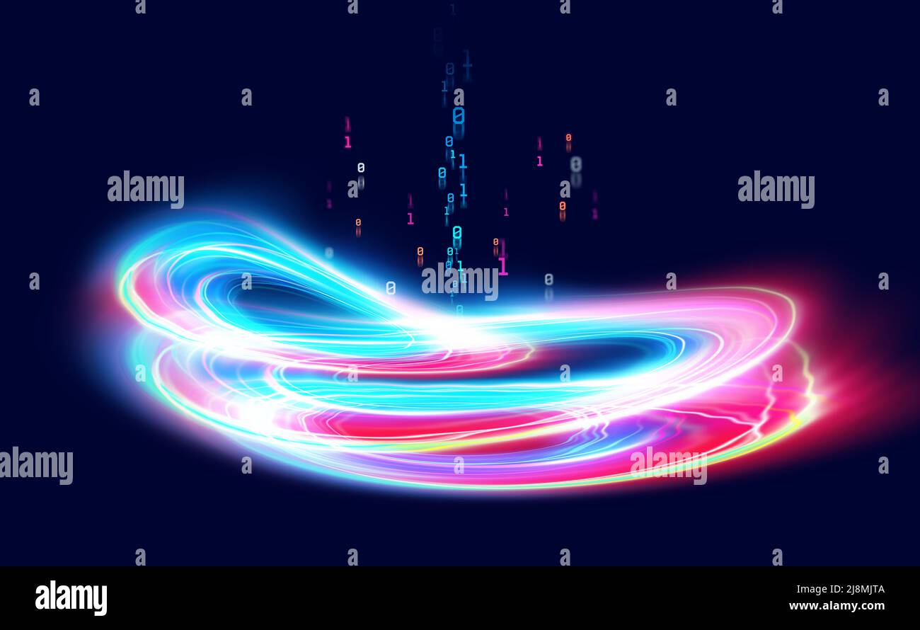 Flusso di dati visualizzato. Campo neon astratto, elementi frattali di dati digitali e codice binario. Illustrazione 3D a colori su sfondo scuro Foto Stock
