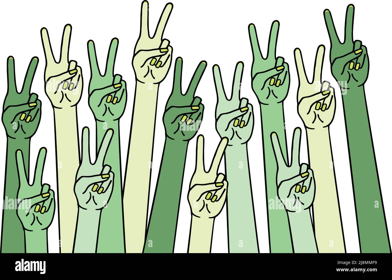 Mani umane con segno di pace, simbolo di vittoria, banner per il giorno della terra, illustrazione vettoriale, disegno a mano Illustrazione Vettoriale