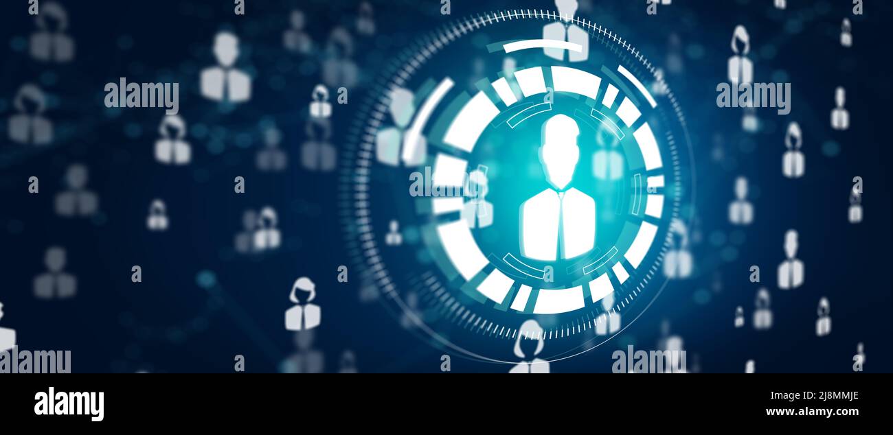 Mettere in rete le persone e mettere in contatto le persone con il marketing risorse umane in astratto sfondo blu. Comunità di rete, lavoro di squadra e rete sociale. Foto Stock