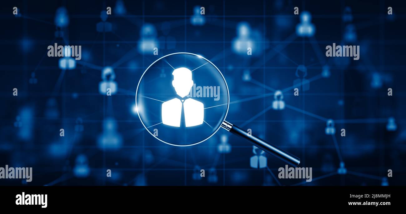Gestione delle risorse umane, assunzione, occupazione e concetto di caccia alla testa. Ufficiale in cerca di dipendente o leader con lente di ingrandimento. Lente d'ingrandimento e persone. Foto Stock