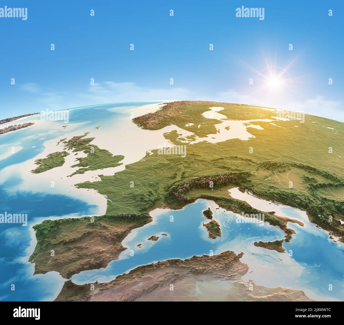 Mappa fisica del pianeta Terra, focalizzata sull'Europa occidentale. Vista satellitare, sole che splende all'orizzonte. Elementi forniti dalla NASA Foto Stock