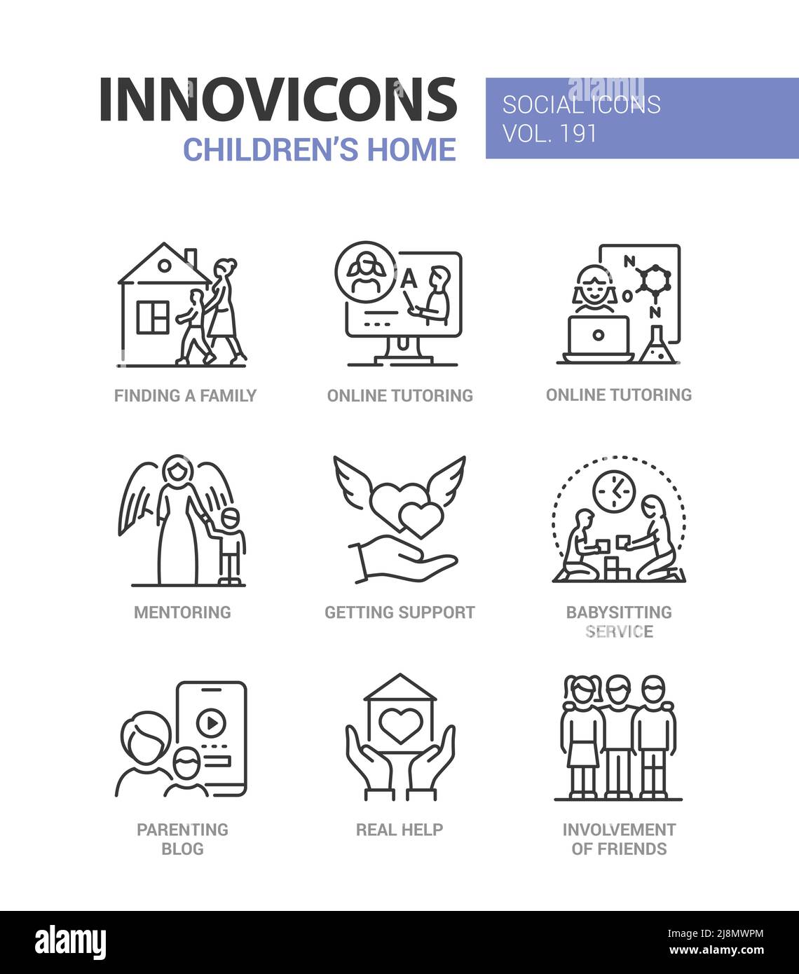 Casa per bambini e adozione - linea design icone stile set Illustrazione Vettoriale