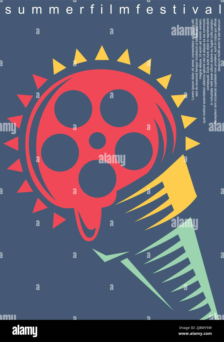 Summer film festival concettuale poster artistico modello con sole, gelato in un cono e bobina film. Volantino vettore di intrattenimento. Tema cinematografico Illustrazione Vettoriale