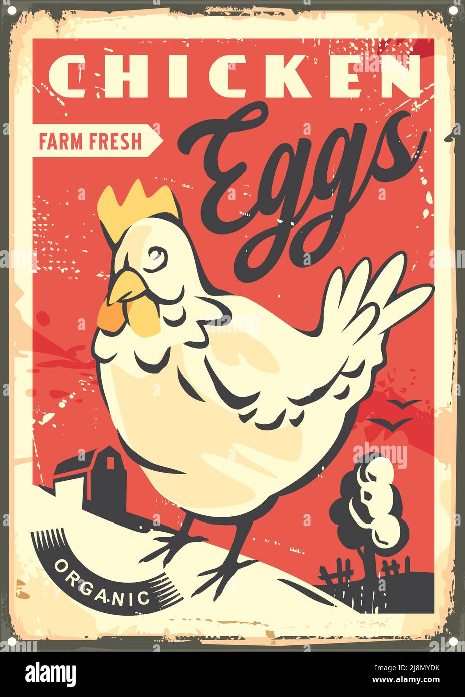 Farm fresco uova di pollo retro pubblicità metallo segno post. Design vintage per prodotti di allevamento. Gallina disegno con paesaggio di campagna. Illustrazione Vettoriale