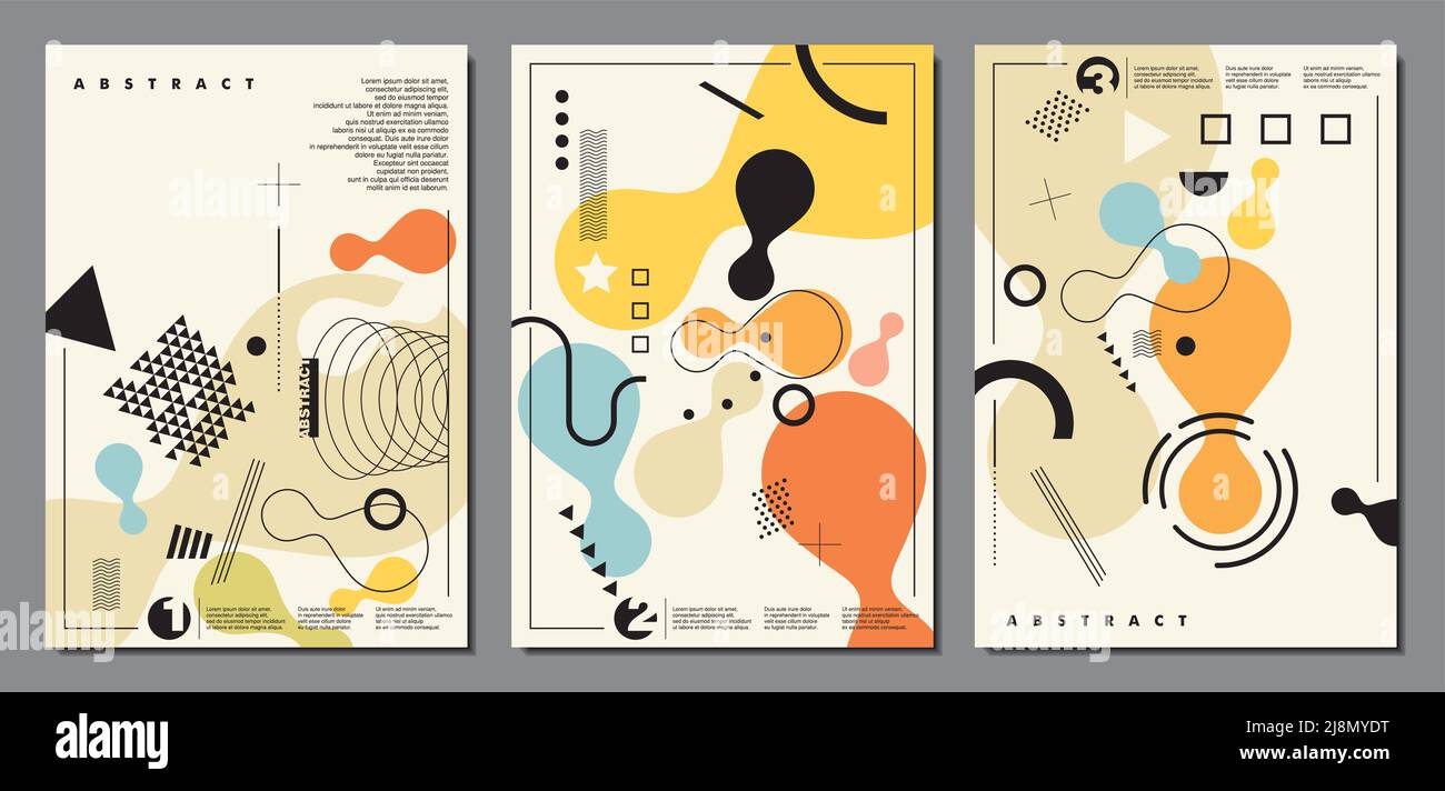 Arte geometrica astratta fatta da varie forme, linee, simboli ed elementi di disegno. Set di design per brochure in stile Memphis creativo. Illustrazione Vettoriale