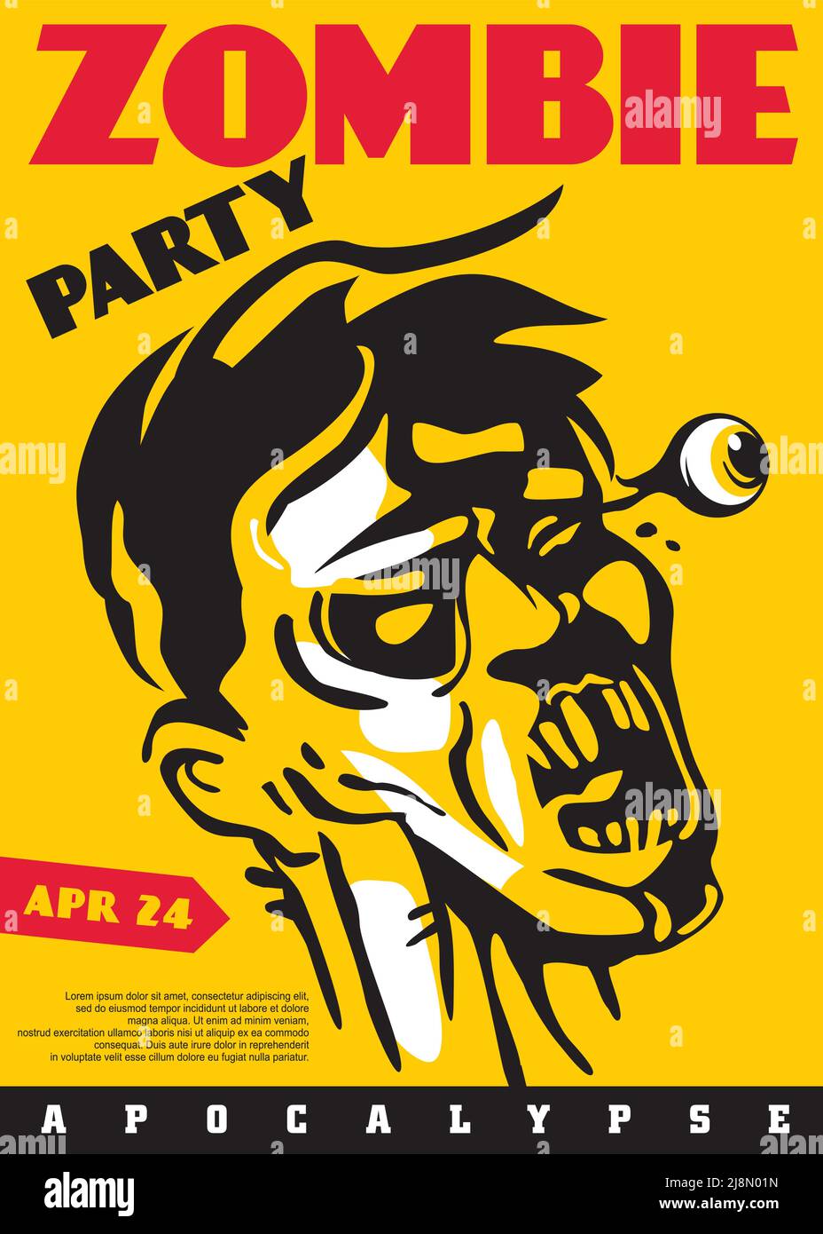 Stile comico Zombie disegno artistico party invito o poster design. Ritratto horror zombie su sfondo giallo brillante. Illustrazione Vettoriale