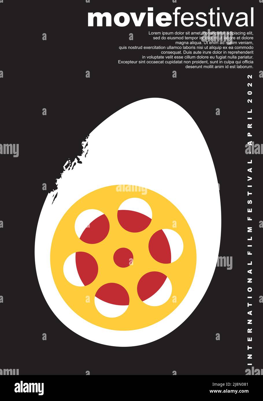 Poster design minimalista per festival cinematografici. Modello del volantino del festival del film con forma dell'uovo e simbolo del tatto del film. Layout poster vettoriale artistico stilizzato. Illustrazione Vettoriale