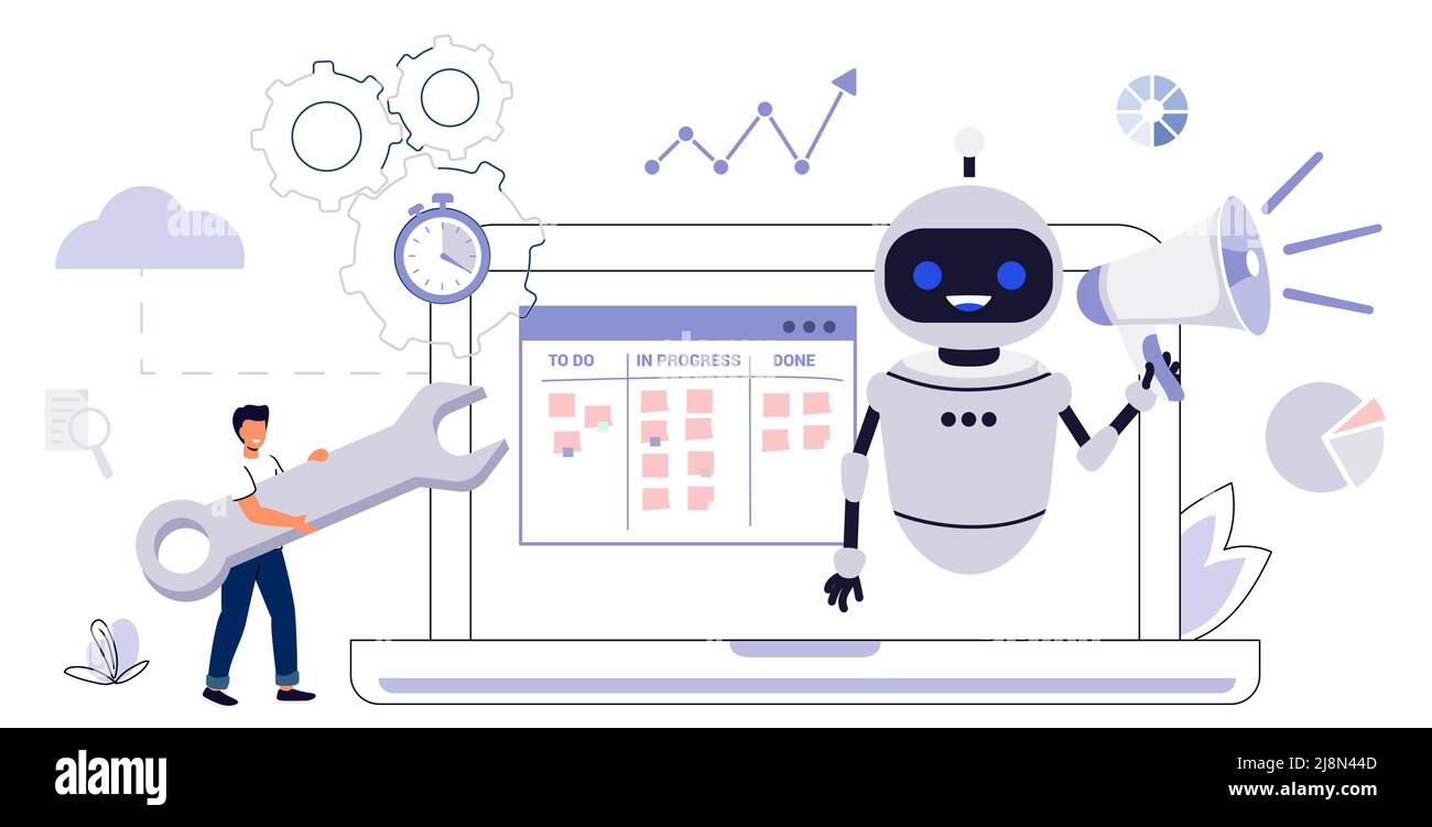 RPA automazione di processo robotica innovazione tecnologia intelligenza artificiale web banner layout industria aziendale, bot, algoritmo, codifica, analisi, aut Illustrazione Vettoriale