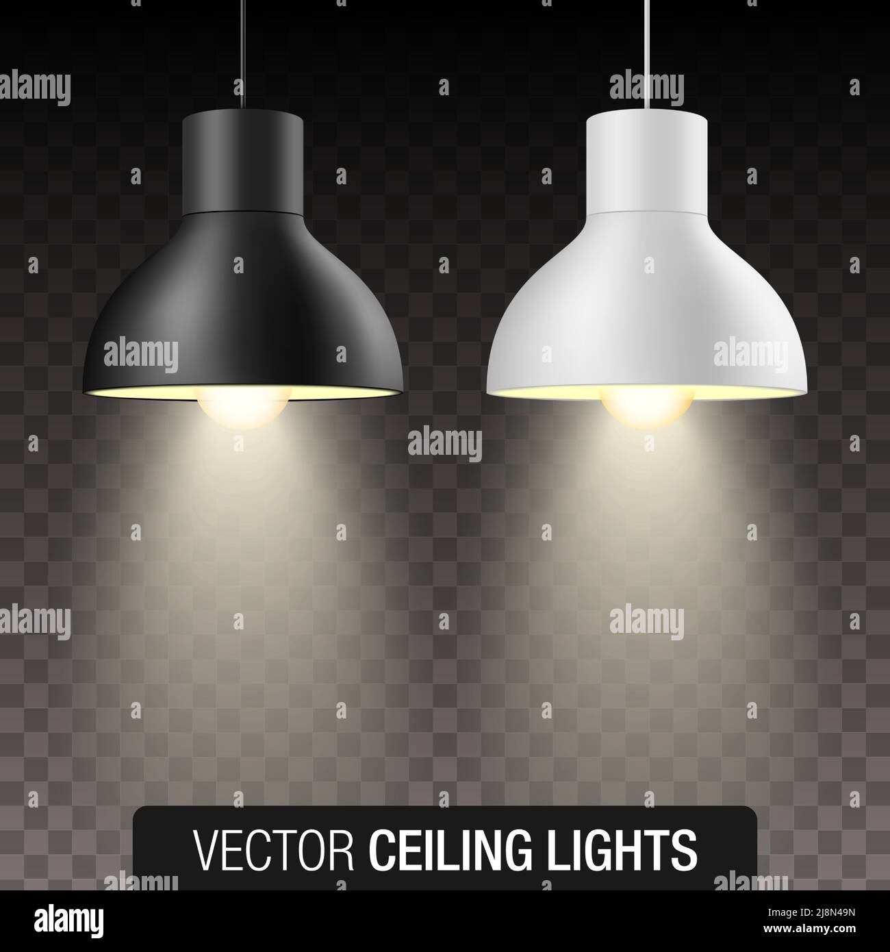 Set vettoriale di bianco e nero acceso su lampadari pensili, isolati su sfondo trasparente. Illustrazione Vettoriale