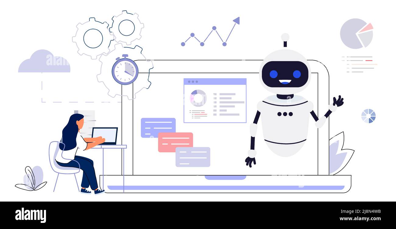 RPA automazione di processo robotica innovazione tecnologia intelligenza artificiale web banner layout industria aziendale, bot, algoritmo, codifica, analisi, aut Illustrazione Vettoriale