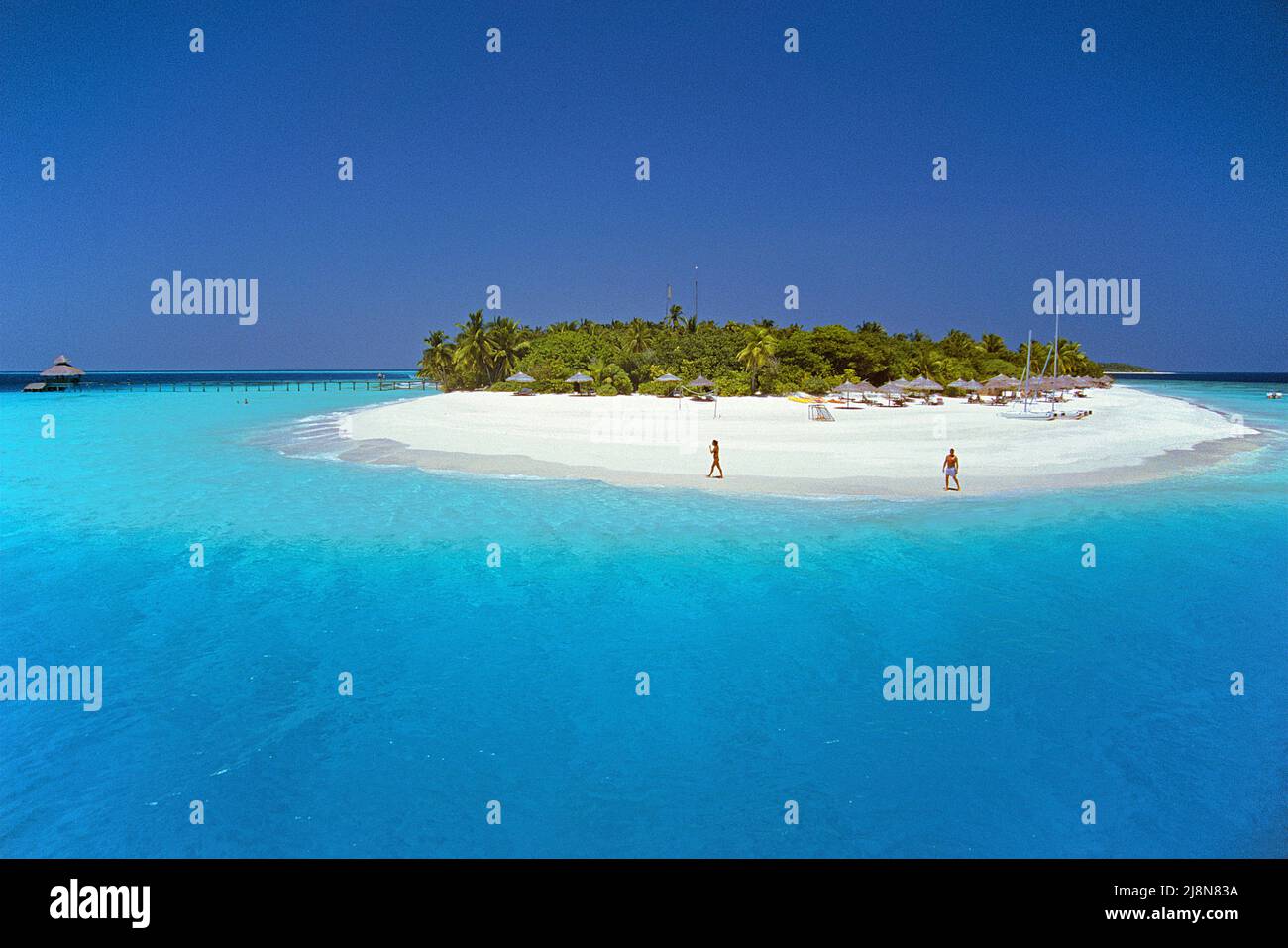 L'isola delle maldive Reethi Beach circondato da una laguna turchese cristallina, Baa-Atoll, Maldive, Oceano Indiano, Asia Foto Stock