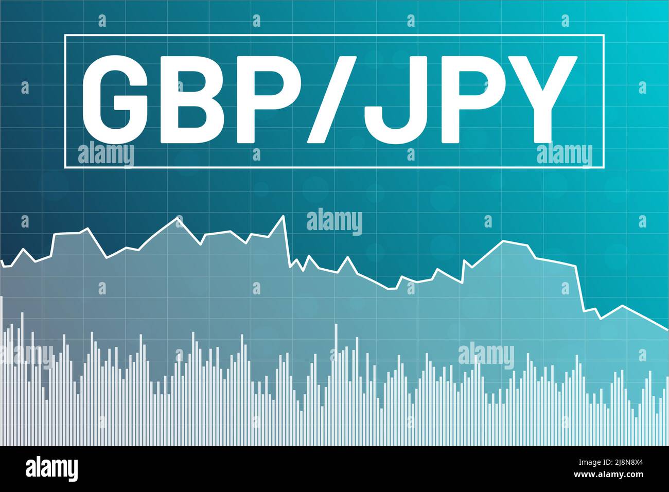 Grafico della coppia di valute GBP, JPY su sfondo finanziario blu da colonne e righe. Concetto di mercato finanziario Illustrazione Vettoriale