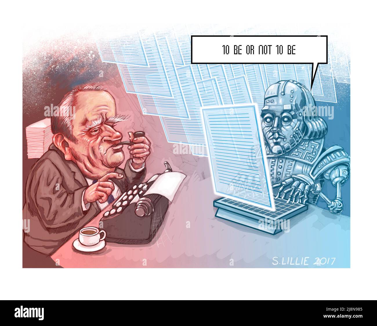 Concept art JRR Tolkien scrivere su macchina da scrivere manuale, robot Shakespeare lavorando su tablet. Può AIS creare arte, sostituire scrittori, novel-writing software Foto Stock