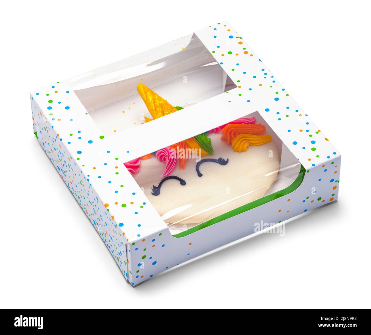 Biscotti di zucchero di unicorno glassato in un taglio della scatola. Foto Stock
