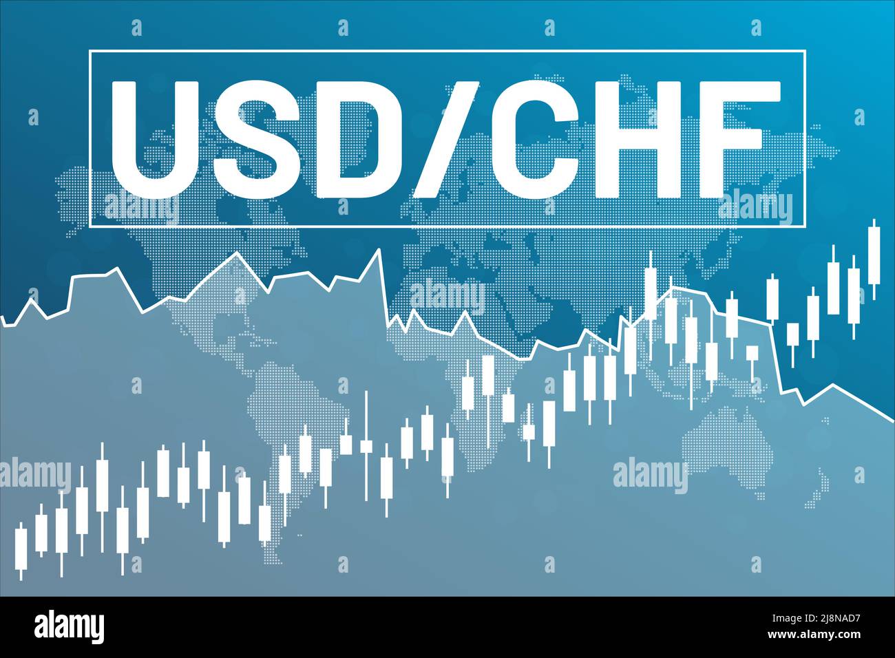 Grafico valuta coppia USD, CHF su sfondo blu finanza da linee, mappa del mondo, candelabro. Concetto di mercato finanziario Illustrazione Vettoriale