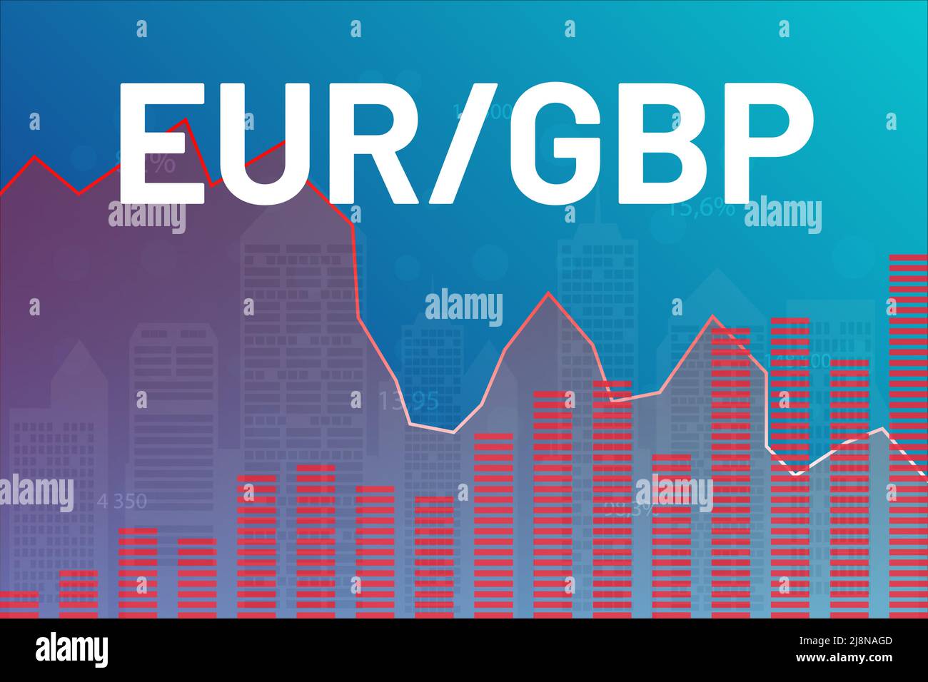 Grafico valuta coppia EUR, GBP su sfondo blu finanza da colonne, linee, numeri, città. Concetto di mercato finanziario Illustrazione Vettoriale
