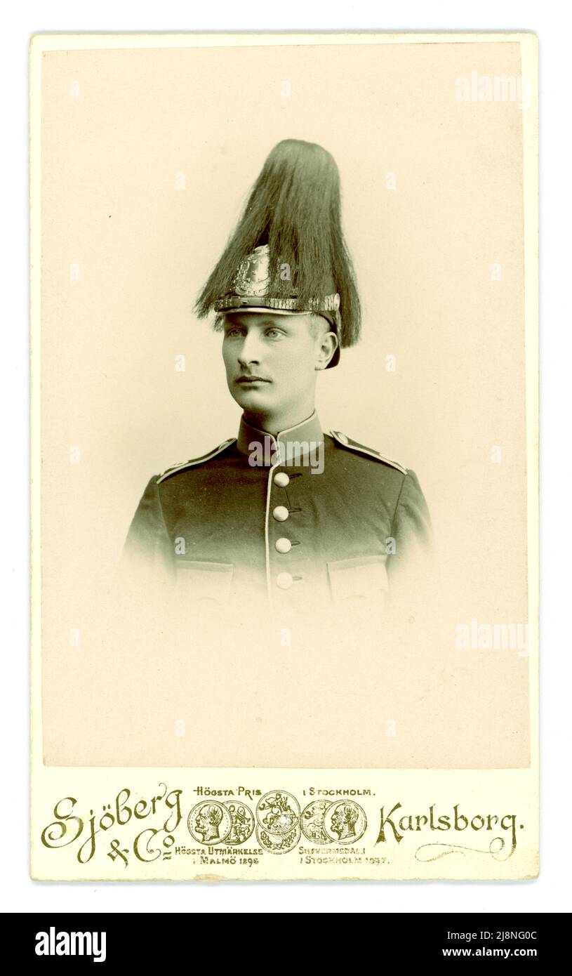 Fine 1890, inizio 1900 's carte de Visite (CDV o scheda di visita) di un bel militare svedese dello studio di Axel Sjoberg & Co. Karlsborg, nella regione Kalmar LAN in Svezia. Indossa un casco pickelhaube ufficiale di fanteria con stemma svedese, con pennacchio di crine, circa fine 1890's, 1900. Foto Stock