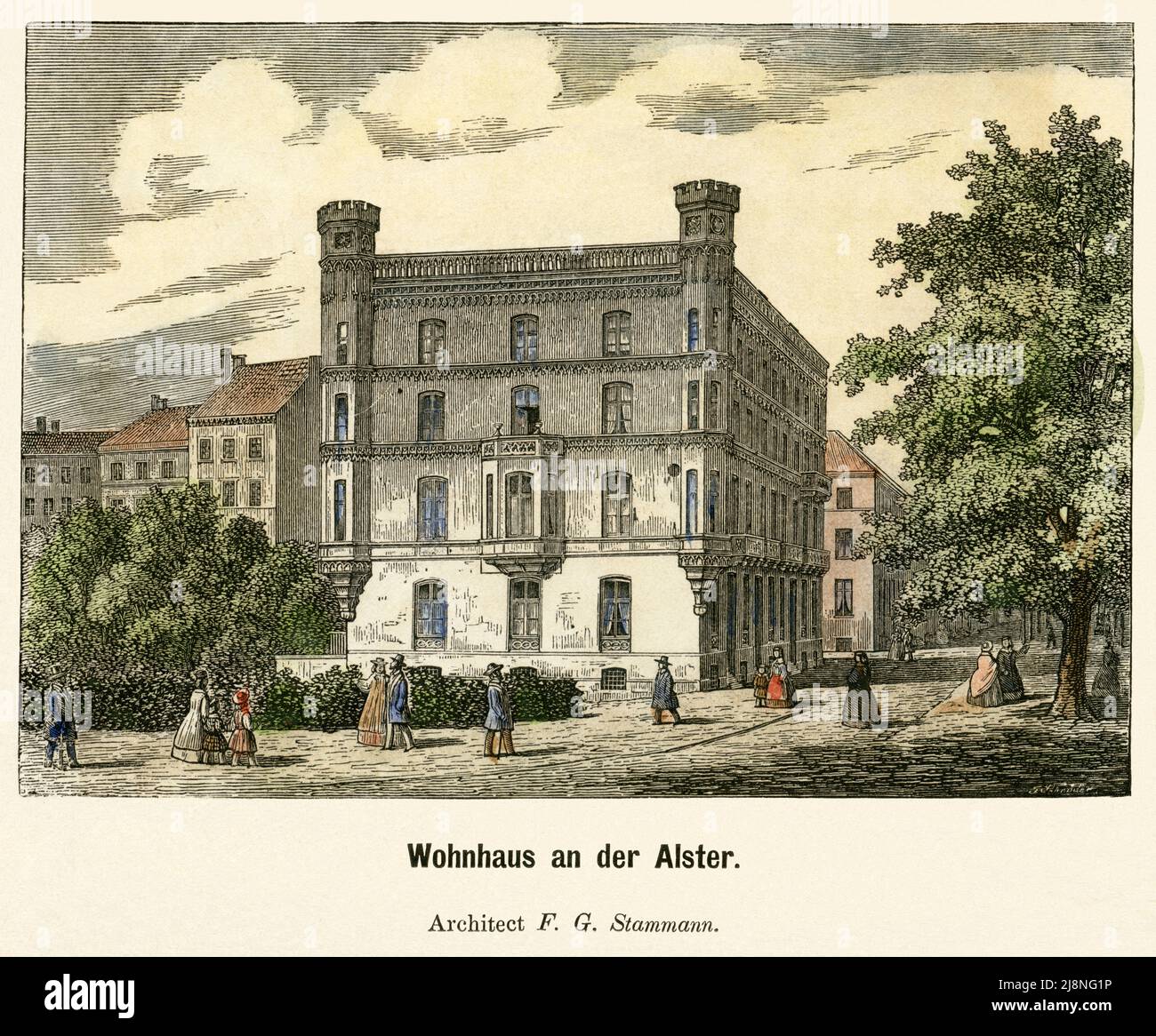 Europa, Germania, Amburgo, Stadtteil St. Georg, mehrstöckiges Wohnhaus an der Alster , Architekt F. G. Stammann , um 1850 ? , Im Stil des Historiismus? , gestochen von ? Schriftzug unleserlich, Rechte werden nicht verbeten. / Europa, Germania, Amburgo, quartiere St. Georg, casa residenziale a più piani sull'Alster, vicino all'arcitetto F. G. Stammann, circa 1850 ? , nello stile dello storismo ? inciso da ? scrivere illeggibile , non ci sono diritti . Foto Stock