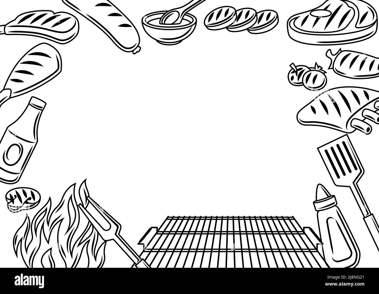 Cornice per barbecue con oggetti e icone alla griglia. Cucina stilizzata e menu del ristorante. Illustrazione Vettoriale