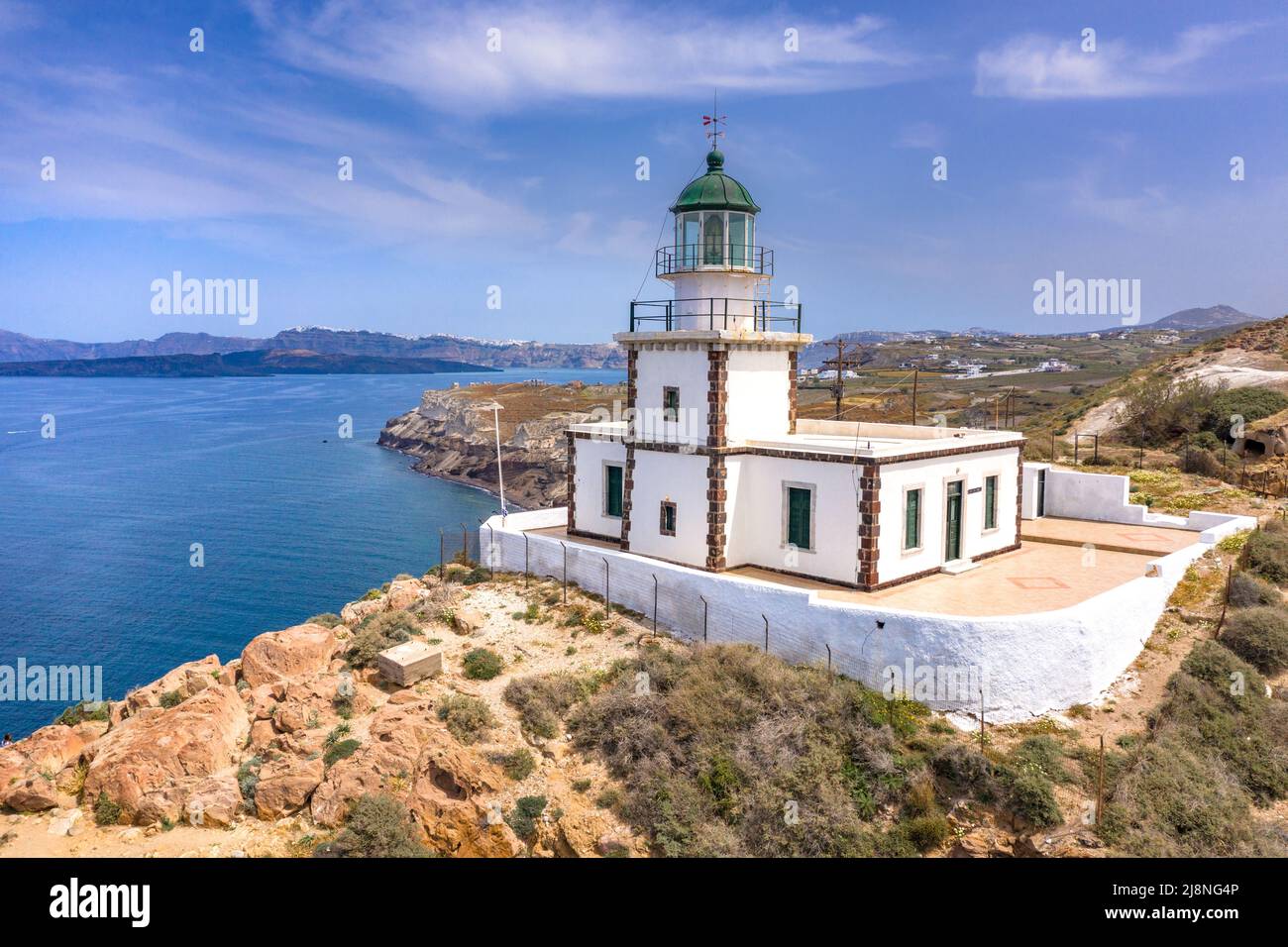 Faro di Akrotiri, Santorini, Grecia. Foto Stock