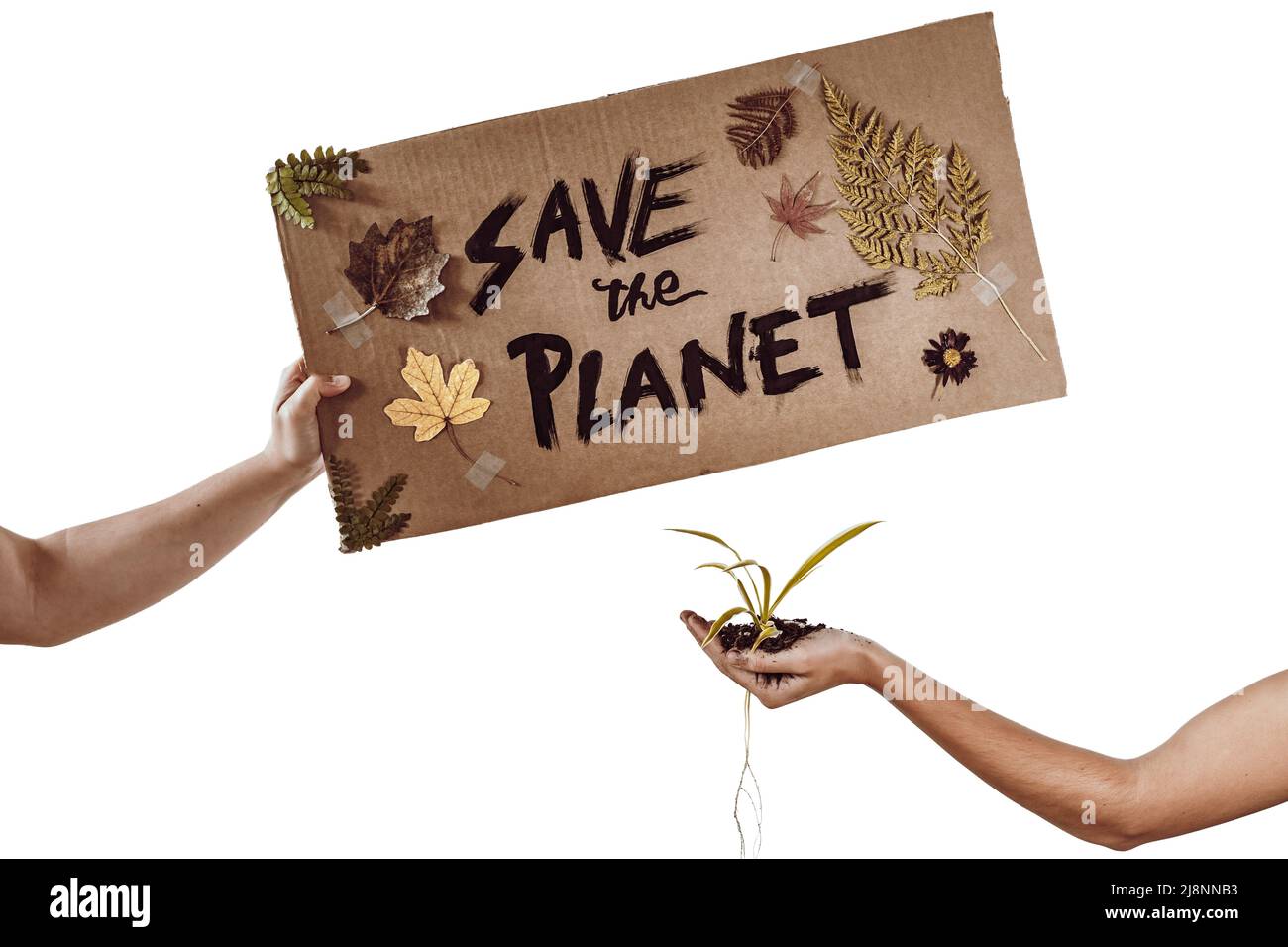 Cartone di SAVE il pianeta e una pianta con radici e suolo che tiene per mano di due eco attivisti Foto Stock