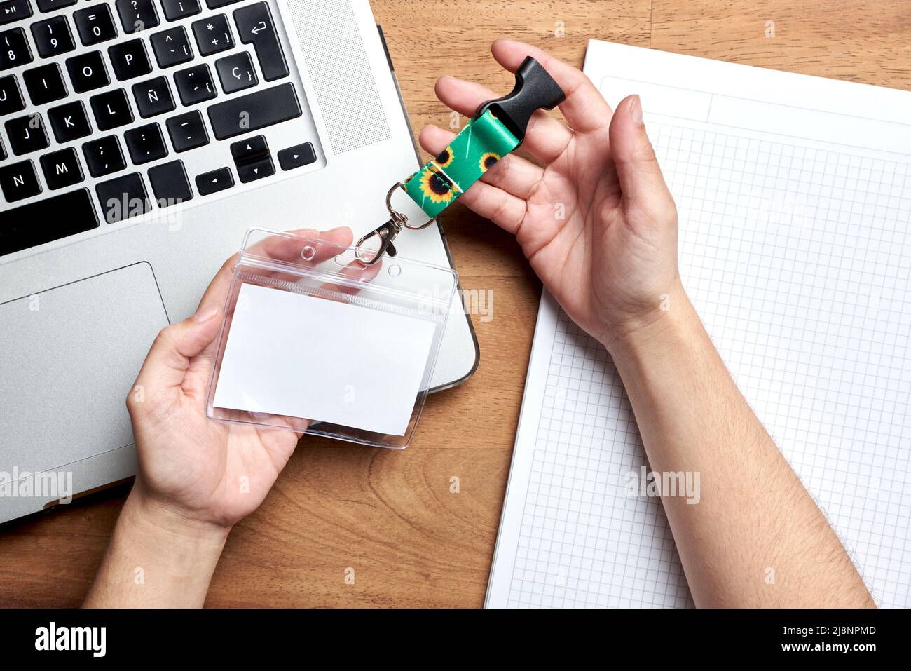 Su un notebook e un computer portatile, le mani di una persona giovane e irriconoscibile hanno una carta d'identità vuota con un cordino di girasoli, simbolo di persone con invisibl Foto Stock