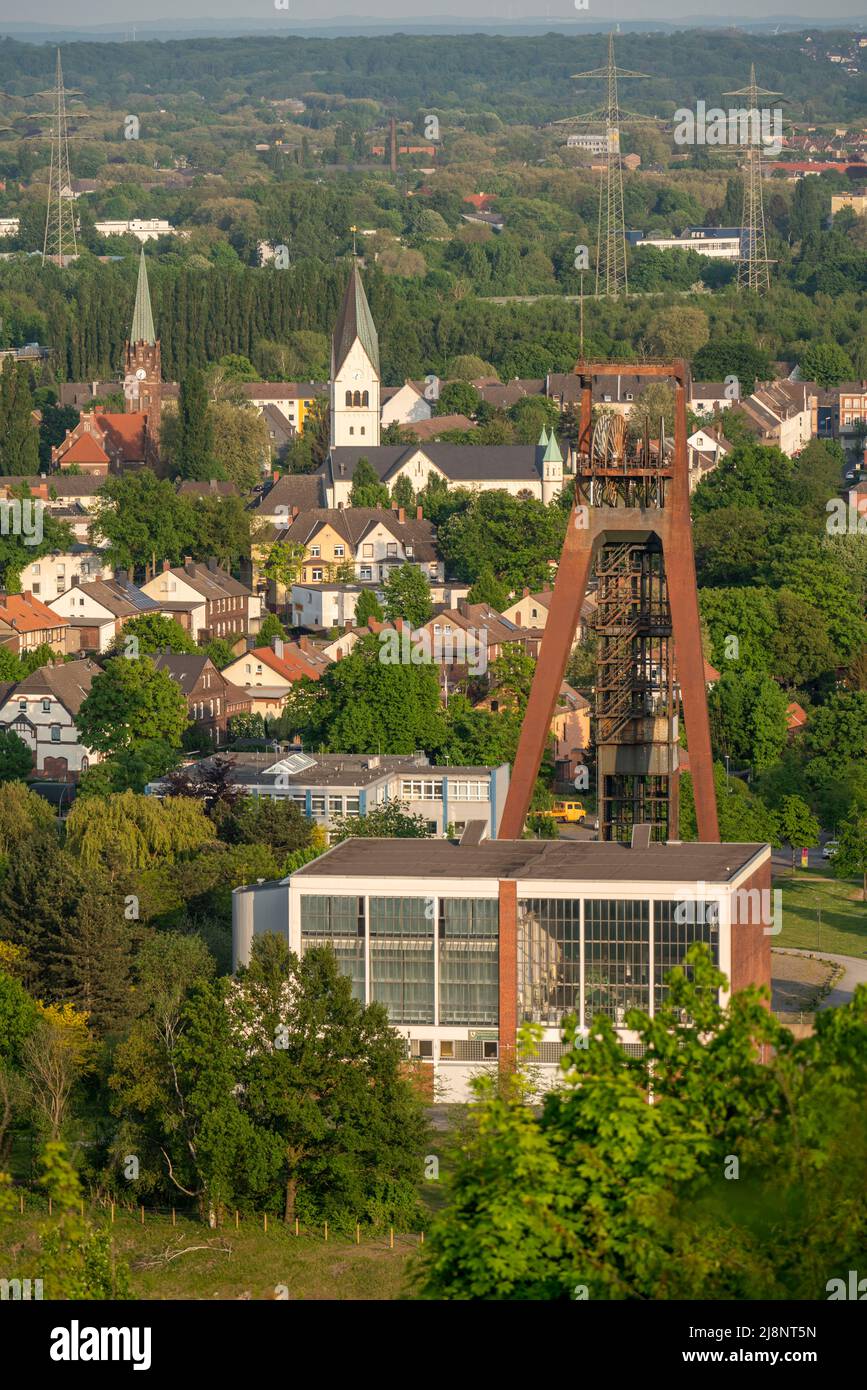 Casa di campagna, case a schiera, appartamenti, parti di ex tenuta mineraria a Recklinghausen-Hochlarmark, torre tortuosa di Foto Stock